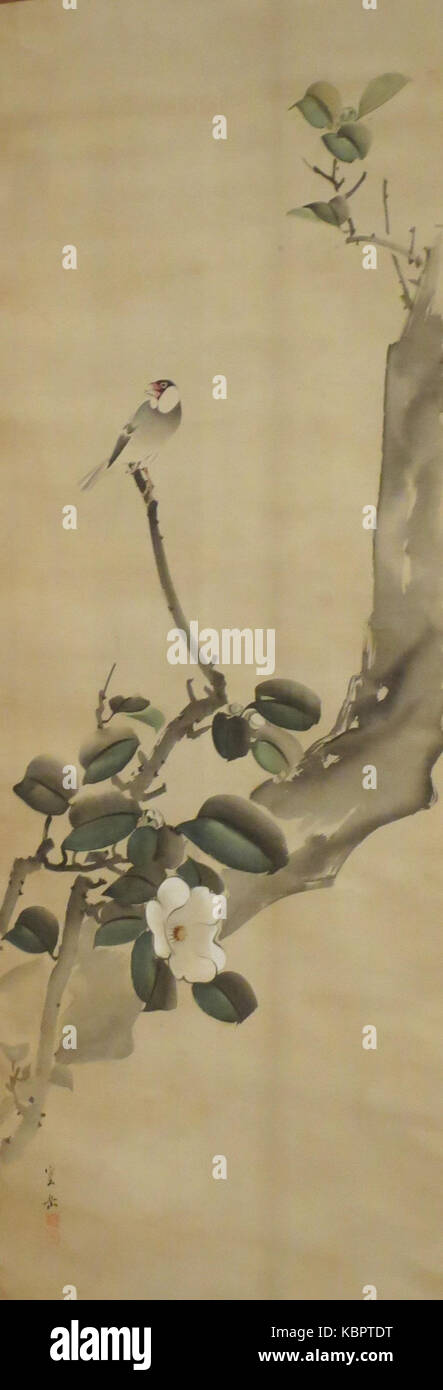 Peinture délicate de Yabuki Shoun (Ungaku) représentant un oiseau perché sur une branche de camélia, créée entre 1870 et 1927. L'œuvre d'art capture la nature et la faune dans le style japonais traditionnel. Banque D'Images Peinture délicate de Yabuki Shoun (Ungaku) représentant un oiseau perché sur une branche de camélia, créée entre 1870 et 1927. L'œuvre d'art capture la nature et la faune dans le style japonais traditionnel. Banque D'Images