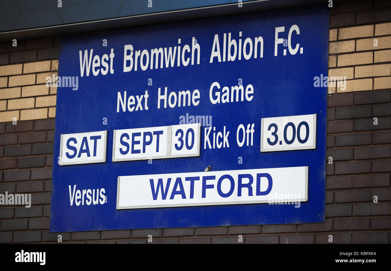 Vue générale d'un tableau des présentoirs lors du match de la Premier League aux Hawthorns, West Bromwich. APPUYEZ SUR ASSOCIATION photo. Date de la photo: Samedi 30 septembre 2017. Voir PA Story FOOTBALL West Bromm. Le crédit photo devrait se lire comme suit : Mike Egerton/PA Wire. RESTRICTIONS : aucune utilisation avec des fichiers audio, vidéo, données, listes de présentoirs, logos de clubs/ligue ou services « en direct » non autorisés. Utilisation en ligne limitée à 75 images, pas d'émulation vidéo. Aucune utilisation dans les Paris, les jeux ou les publications de club/ligue/joueur unique Banque D'Images