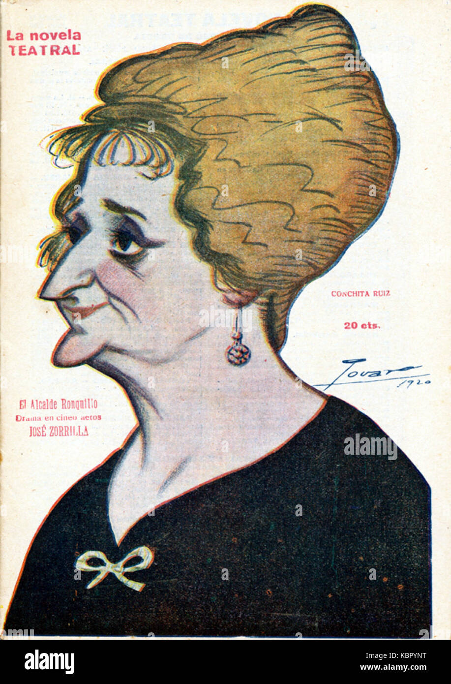 Cette photographie historique capture une scène de « la Novela Teatral », avec l'actrice Conchita Ruiz. Il reflète la culture théâtrale du début du XXe siècle et ses figures importantes. Banque D'Images