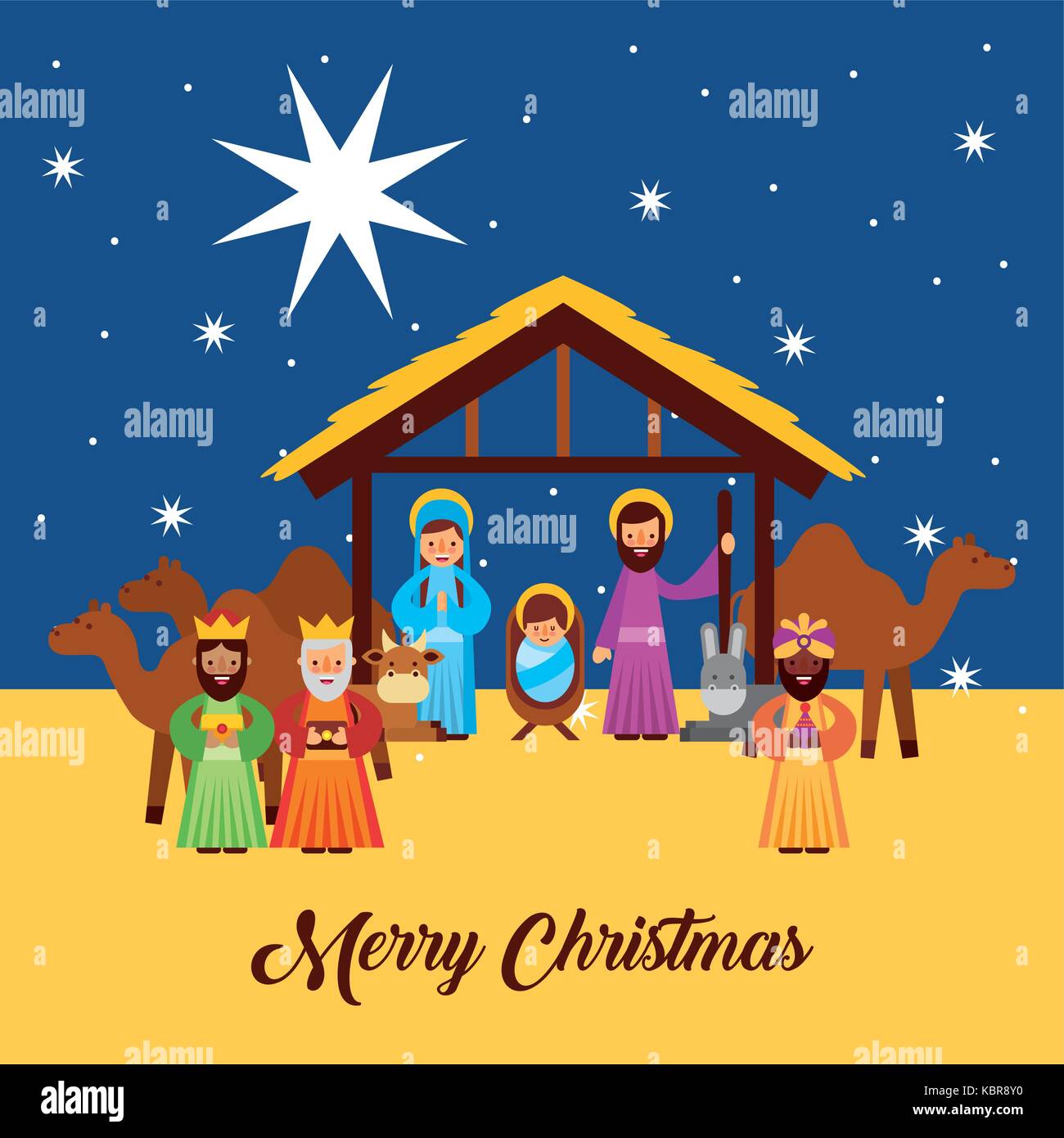 Joyeux noël bonjour avec Jésus né en crèche Joseph et Marie roi sage personnages Illustration de Vecteur