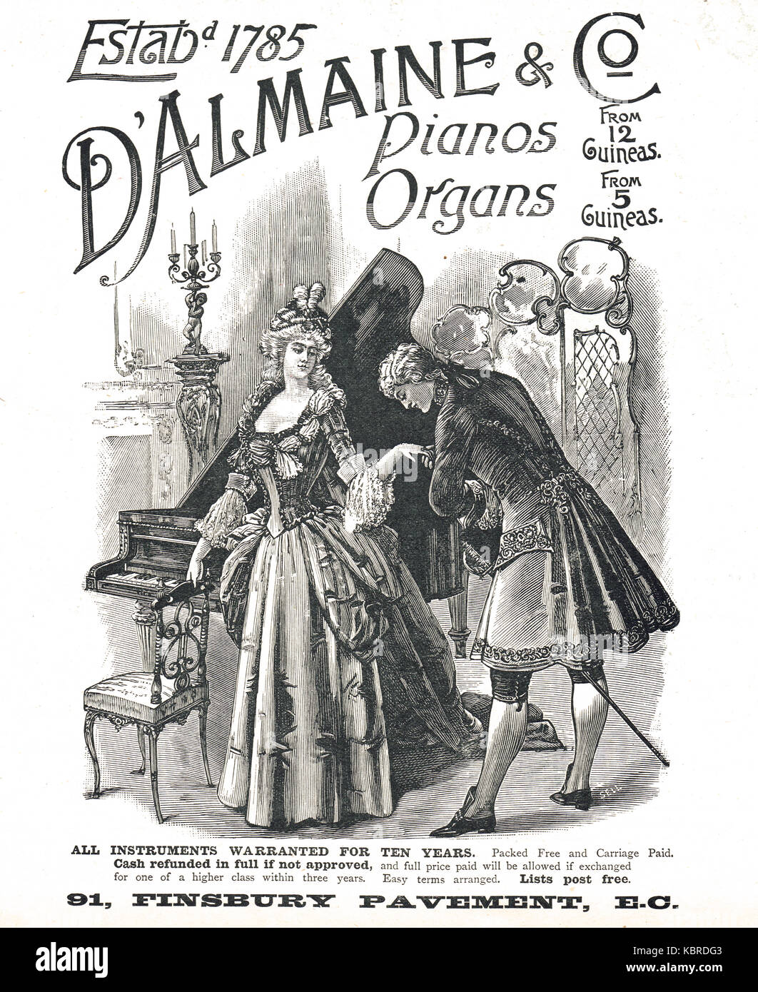 Annonce victorien de pianos et d'organes, 1899 Banque D'Images