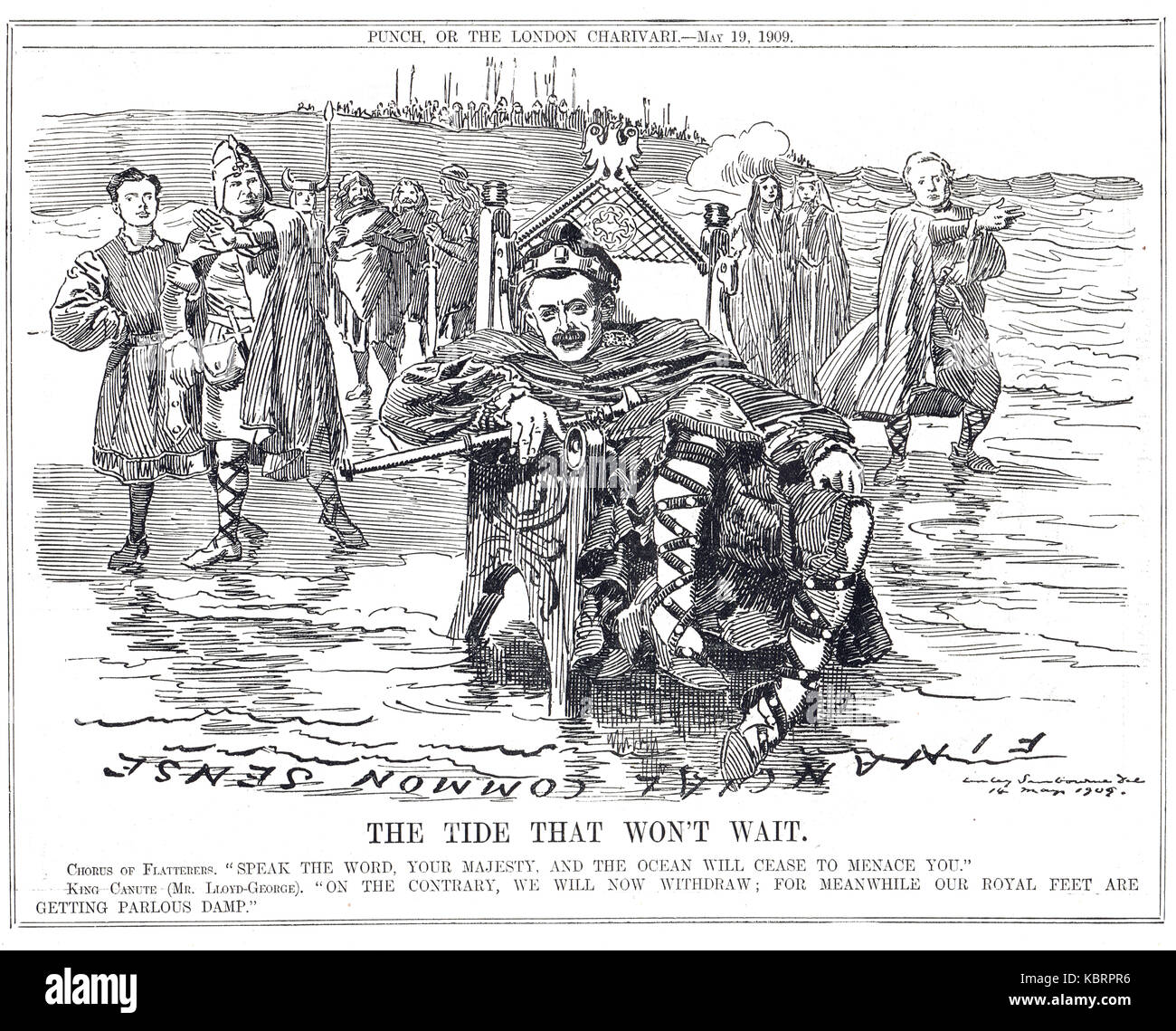 Lloyd George comme cnut le grand ou canut, le Dreadnought question, punch 1909 Banque D'Images