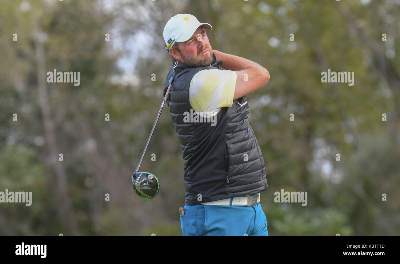 Samedi 30 Septembre 2017 : Marc Leishman de l'équipe internationale regarde son coup de départ au 12e trou lors de la quatrième ronde de la Coupe des Présidents à Liberty National Golf Course à Jersey City, New Jersey. Gregory Vasil/CSM Banque D'Images