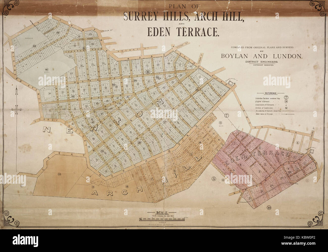 Plan du Surrey Hills, Arch Hill et Eden Terrace Banque D'Images
