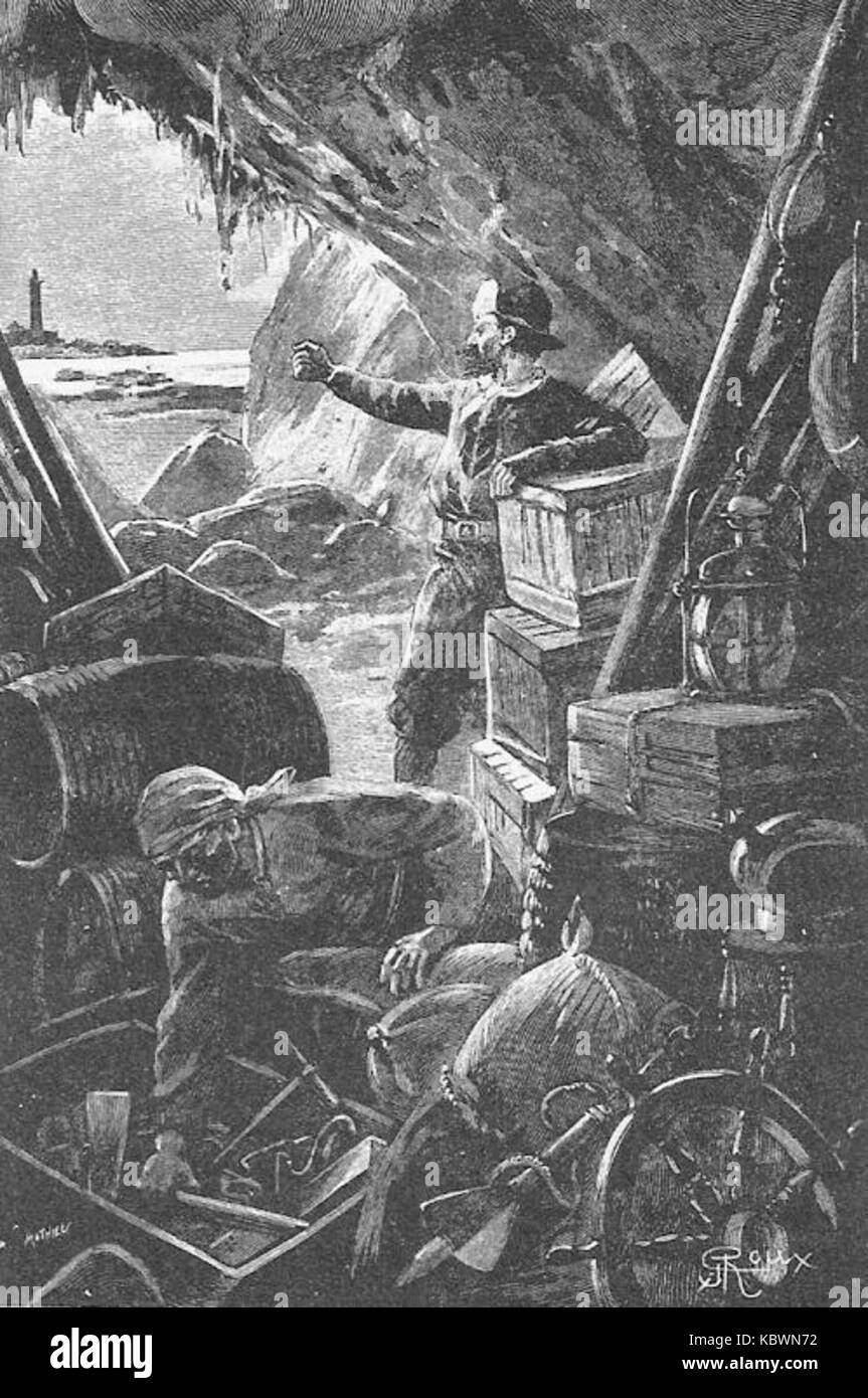 « The Lighthouse at the End of the World » de George Roux illustre une scène dramatique d'un phare se dressant au bord d'un endroit éloigné. L'œuvre capture l'isolement et le puissant symbolisme du phare. Banque D'Images