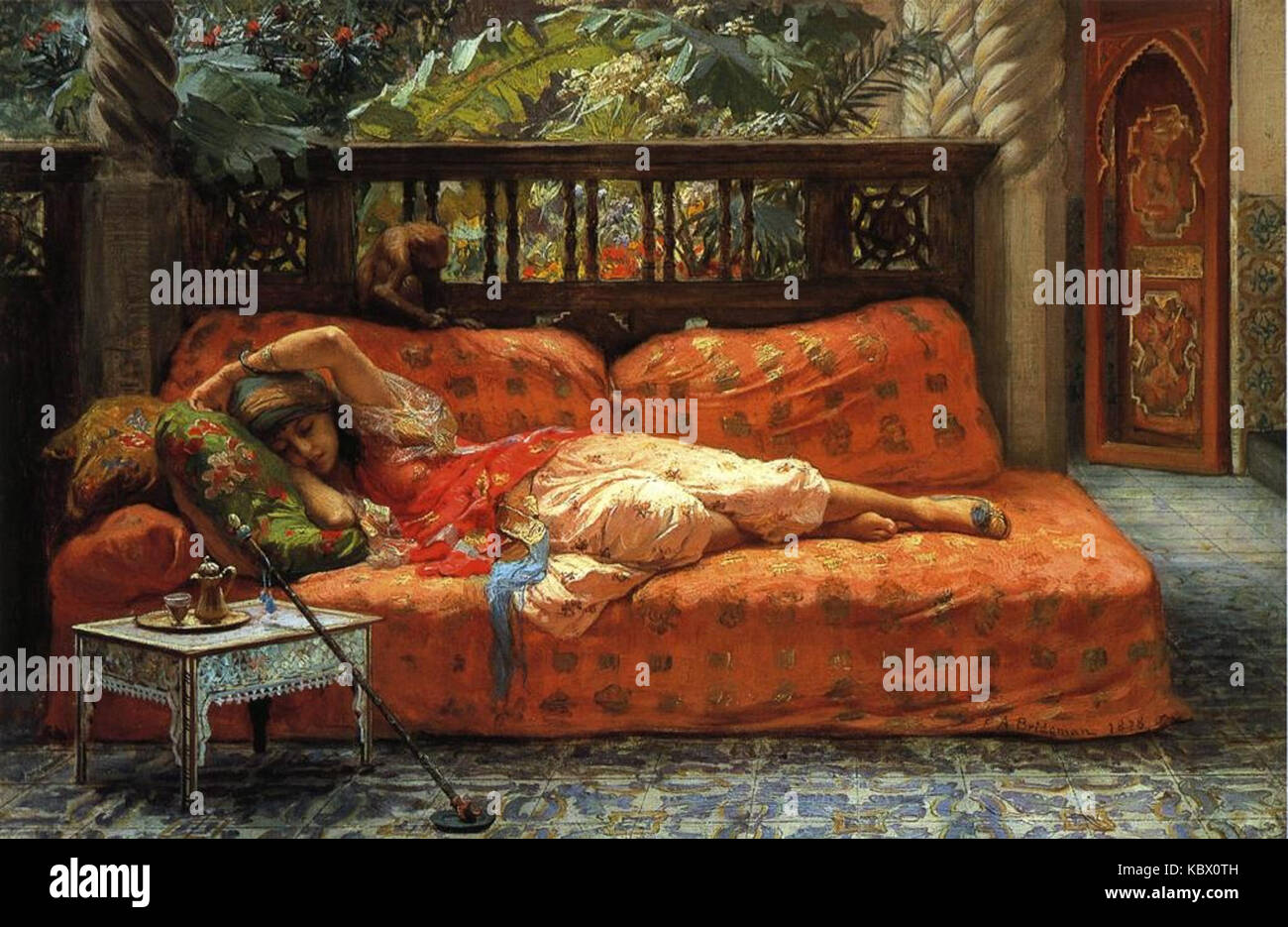 « The Siesta » de Frederick Arthur Bridgman dépeint une scène sereine, probablement inspirée par les voyages de l’artiste, mettant l’accent sur un moment de repos paisible dans un cadre naturel. Banque D'Images