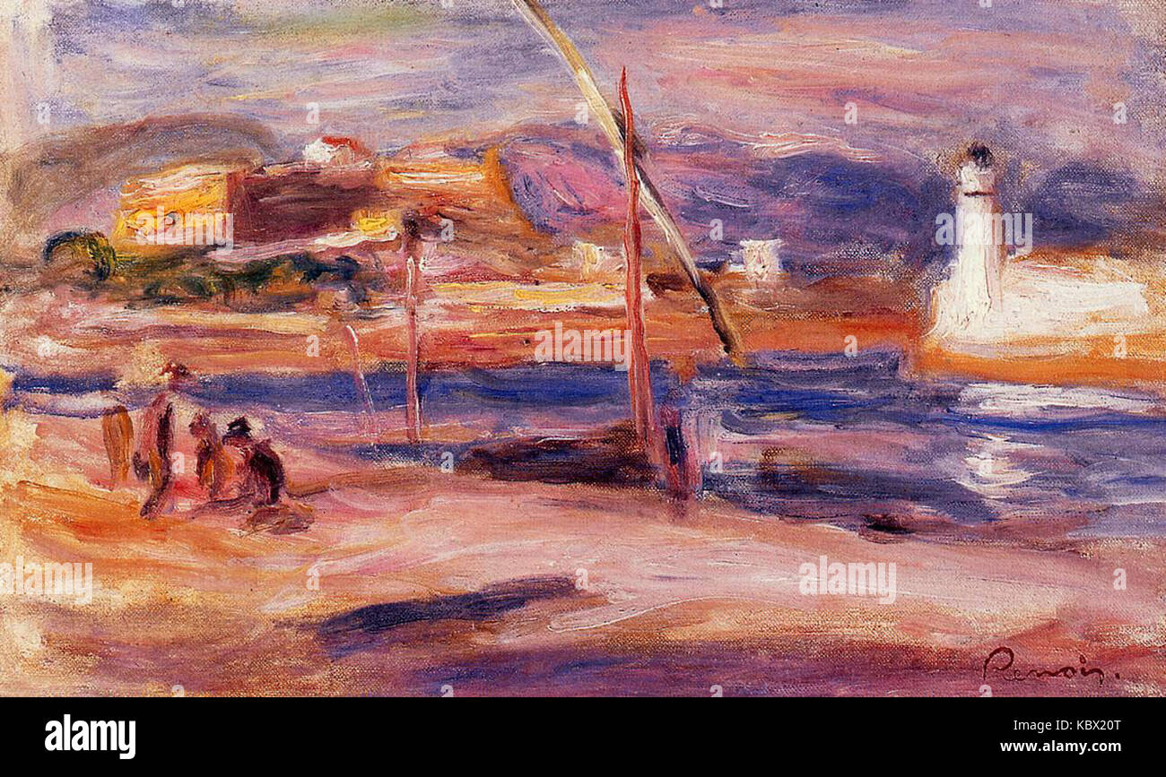 Le tableau de Pierre Auguste Renoir de 1916 représente Fort Carre et le Phare d'Antibes, capturant le paysage côtier serein avec des coups de pinceau impressionnistes. L'œuvre d'art mélange des paysages naturels avec des caractéristiques architecturales. Banque D'Images