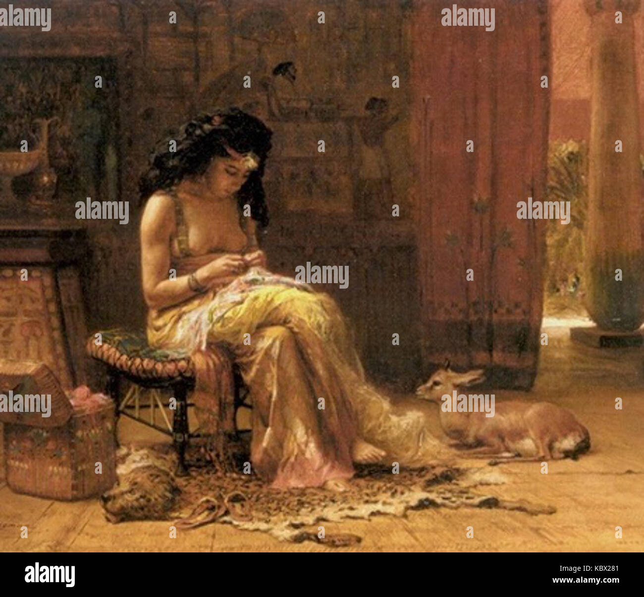 Frederick Arthur Bridgman était un artiste américain renommé connu pour ses représentations du moyen-Orient et de l'Afrique du Nord. L'œuvre d'art mettant en vedette la couture reflète probablement son intérêt pour la capture des coutumes et de l'artisanat régionaux. Banque D'Images