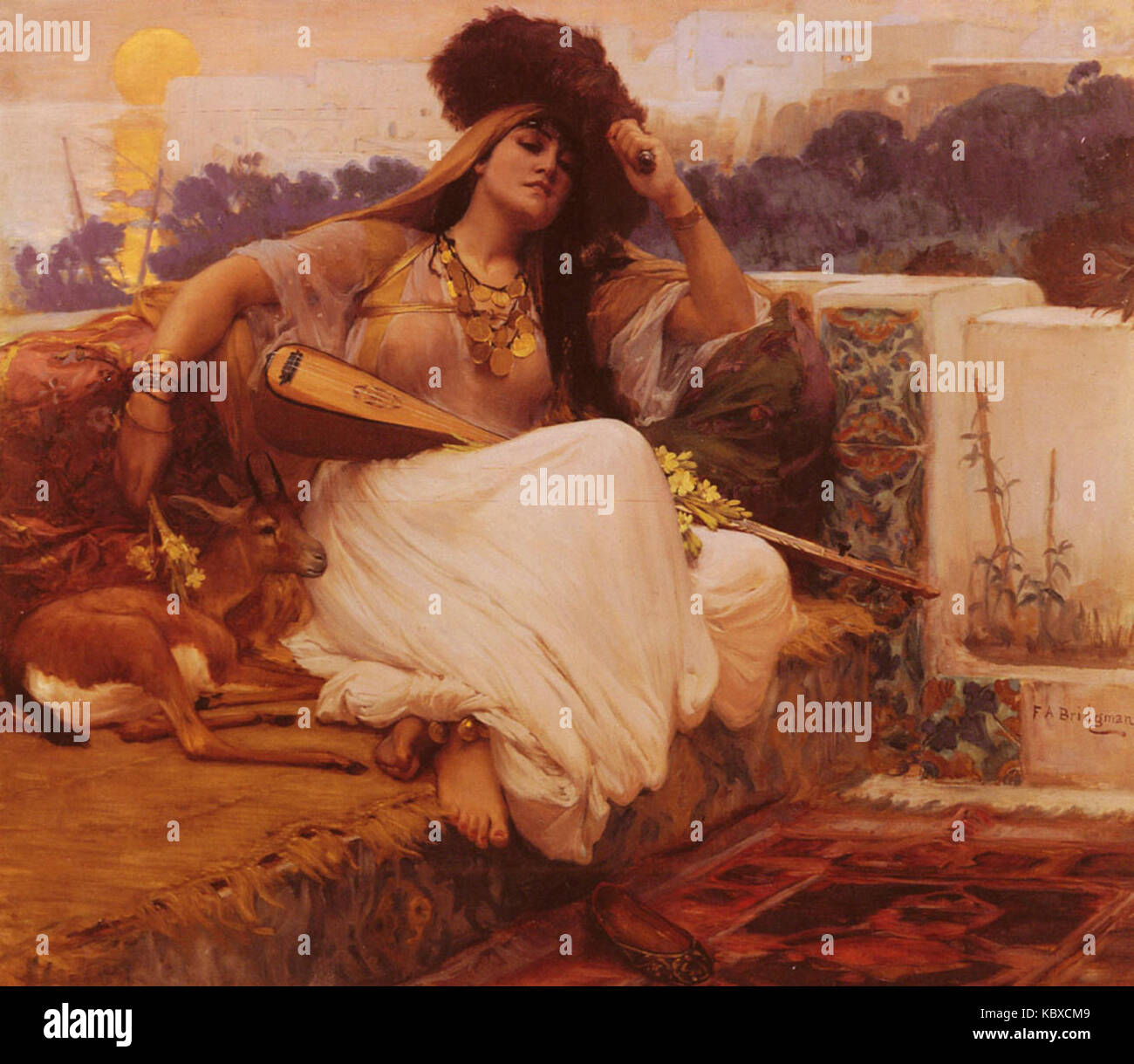 Indolence de Frederick Arthur Bridgman est une peinture qui capture le thème du loisir et de la détente. L'œuvre met en valeur des figures dans un cadre détendu, reflétant une ambiance calme et introspective. Banque D'Images