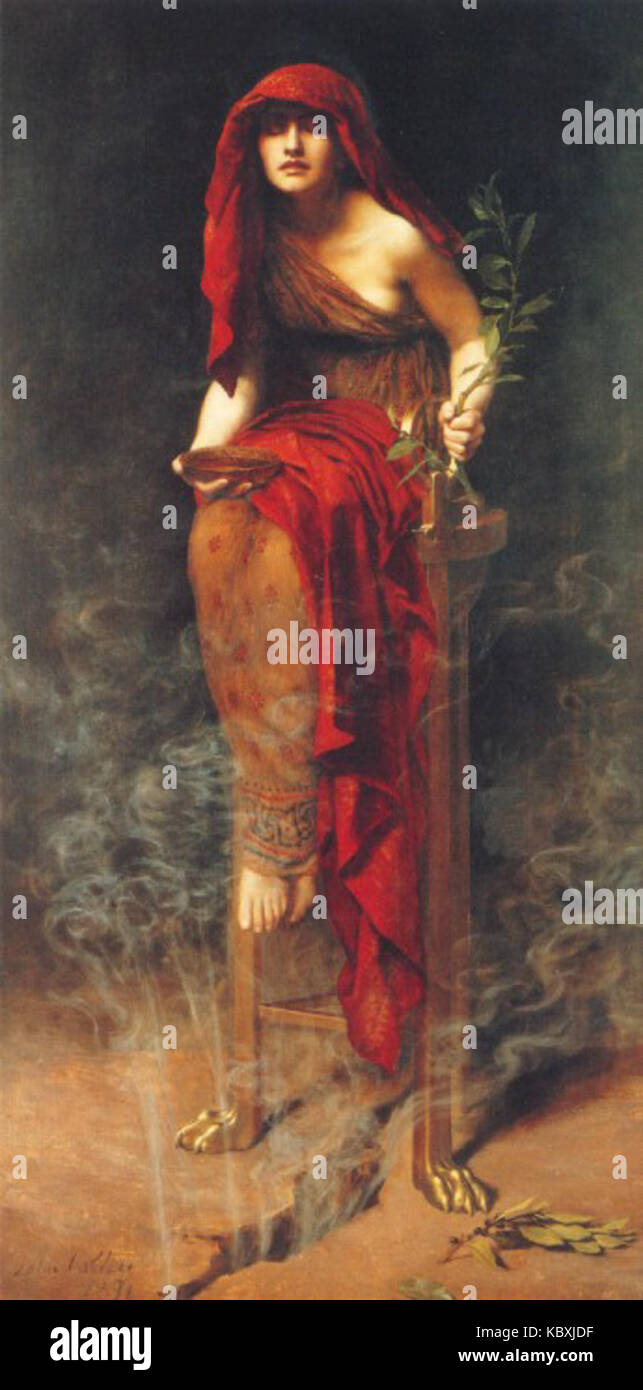 La peinture de John collier 'prêtresse de Delphes' représente une scène de la mythologie grecque antique, représentant la prêtresse de l'Oracle de Delphes. L'œuvre reflète l'importance mystique et religieuse de Delphes dans la Grèce antique. Banque D'Images