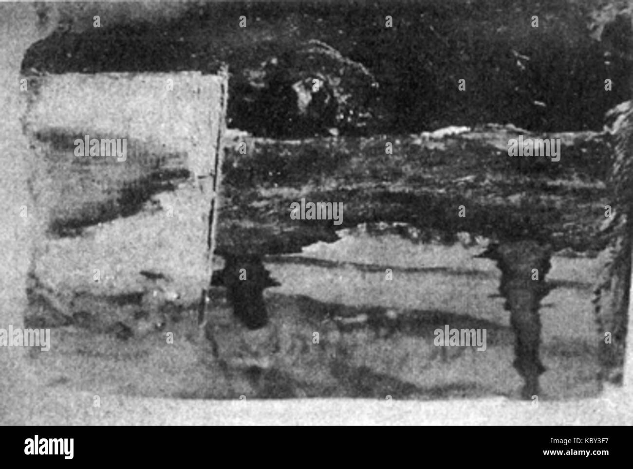 L'image capture un morceau d'un sol marqué par une balle et du sang renversé, documentant un événement violent ou une scène de crime. Il sert de représentation brutale de la violence et de ses conséquences dans un endroit précis. Banque D'Images