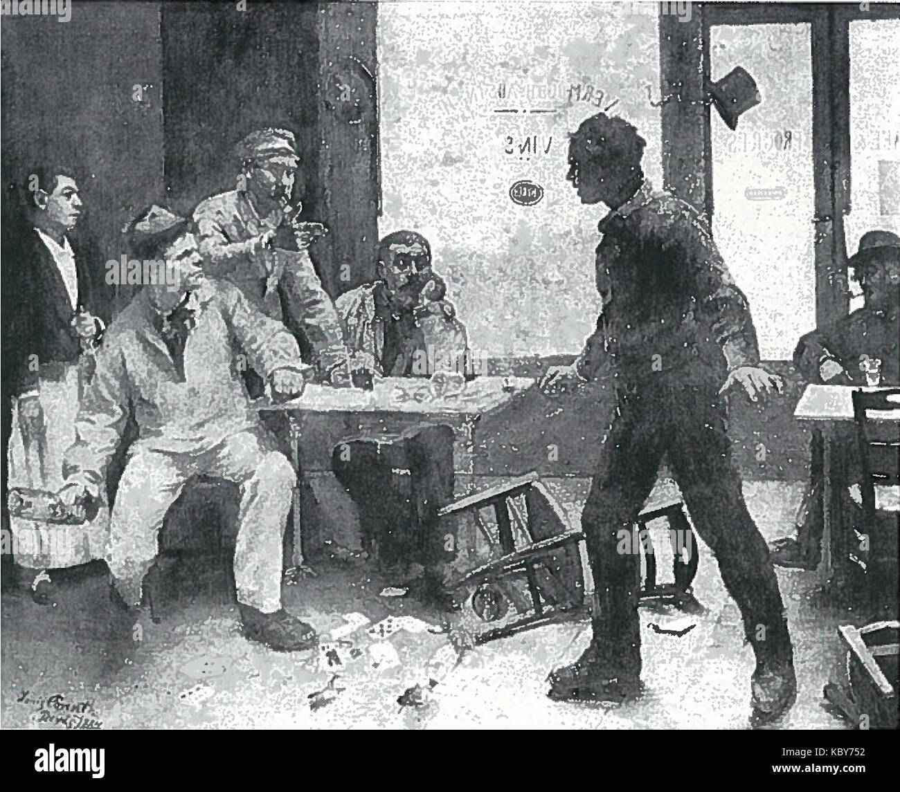*Falschspieler* (le joueur de cartes) de Lovis Corinth* est une œuvre d’art frappante connue pour ses coups de pinceau expressifs et son éclairage dramatique. Cette image en noir et blanc capture l'intensité de la scène. Banque D'Images