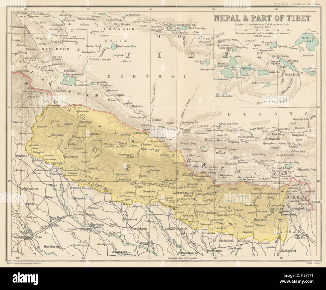 La carte du Népal et du Tibet de l'Imperial Gazetteer of India (1907) 1909 Photo Stock Alamy