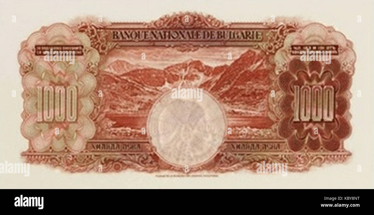 Ce titre fait probablement référence à un billet de banque bulgare de 1929, évalué à 1000 leva. La monnaie historique représente un instantané de l'économie et du système monétaire de la Bulgarie au début du XXe siècle. Banque D'Images