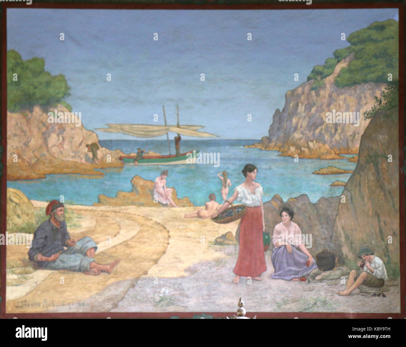 'La Calanque' de Jean Francis Auburtin est une peinture de paysage représentant la beauté sauvage de la côte de la région de la Calanque en France. L’œuvre reflète l’accent mis par l’artiste sur les paysages naturels et le style impressionniste. Banque D'Images