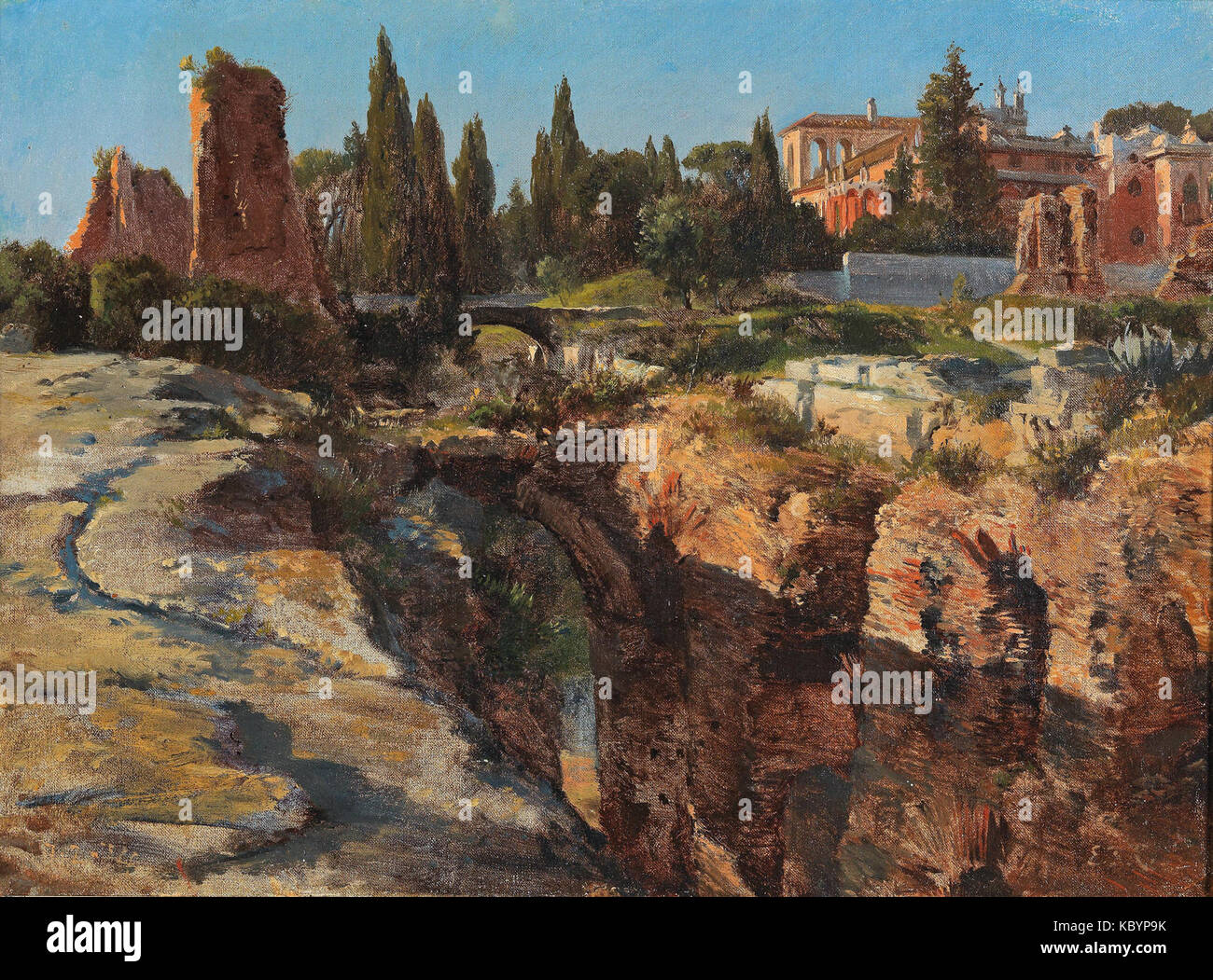 Edward Theodore Compton était un artiste renommé connu pour ses paysages, en particulier des Alpes et des régions italiennes. Sa peinture "Palatin in ROM" représente une vue sereine sur le Mont Palatin à Rome, capturant la beauté historique et architecturale de la région. Banque D'Images