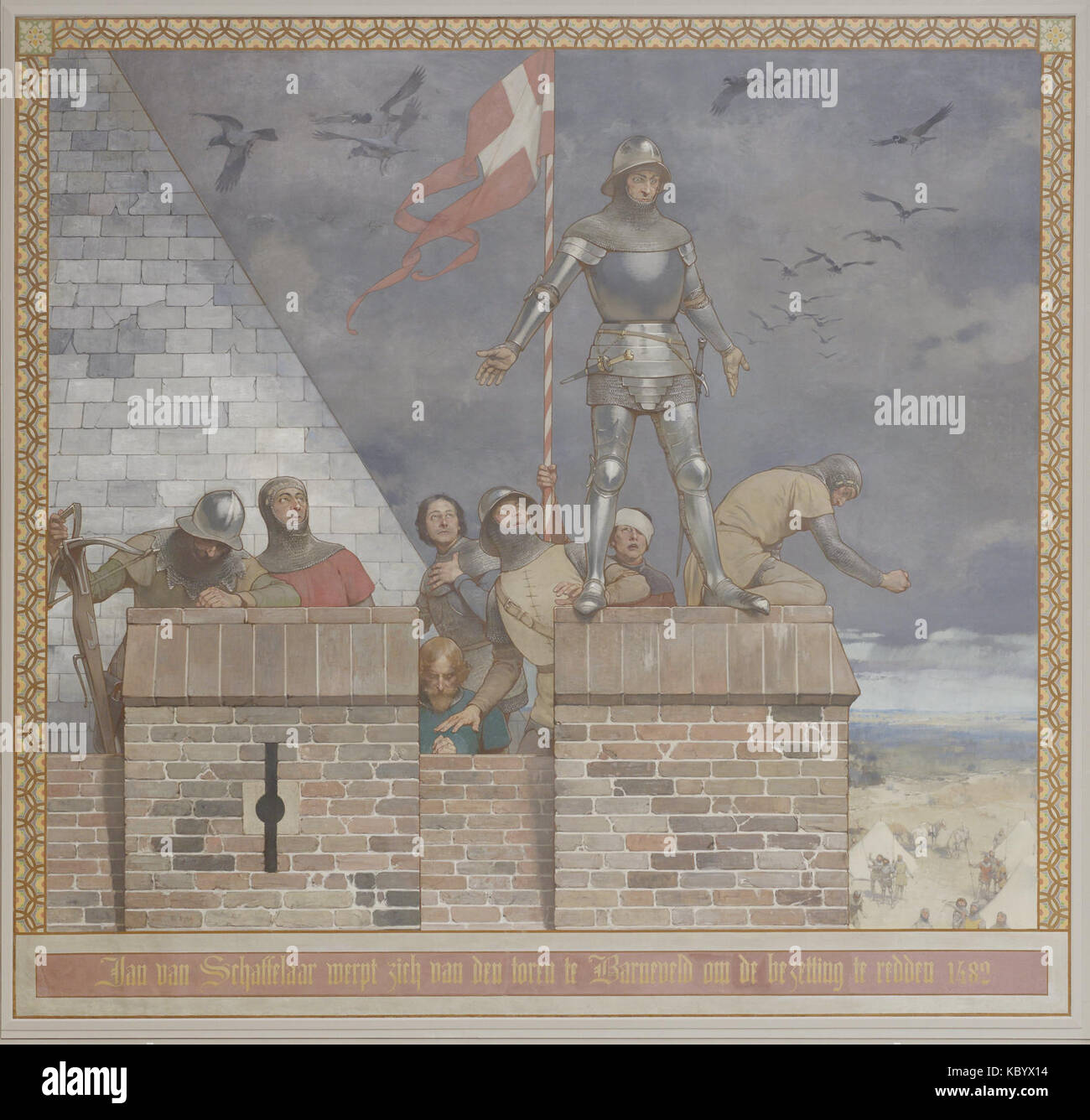 Cette représentation historique de Georg Sturm illustre le moment tragique où Jan van Schaffelaar a sauté de la tour de Barneveld, un événement clé dans l'histoire néerlandaise pendant la guerre de quatre-vingts ans. Banque D'Images