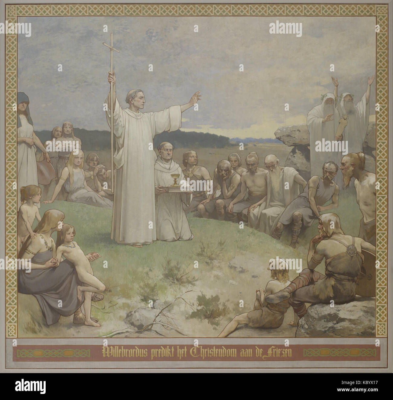 Cette œuvre de Georg Sturm représente un Willibrord prêchant le christianisme aux Frisons. Willibrord fut une figure clé de la christianisation des Frisons au VIIe siècle. Banque D'Images