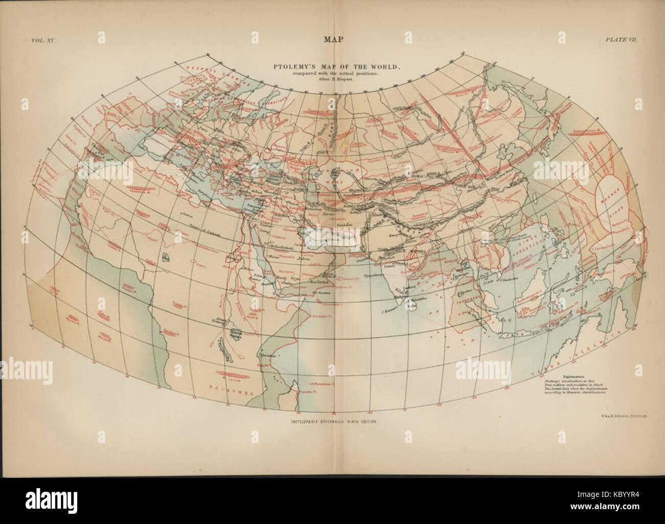 Ptolemy's carte du monde par rapport aux positions réelles Banque D'Images
