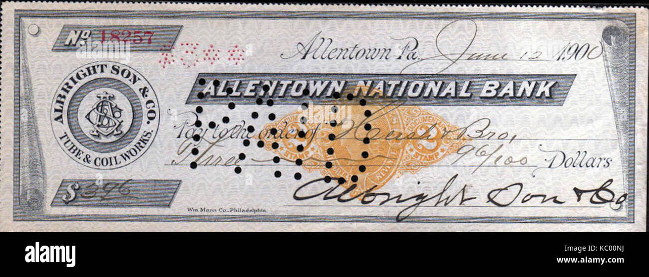 1900 Albright Fils & Co Allentown Allentown PA chèque Banque Nationale Banque D'Images