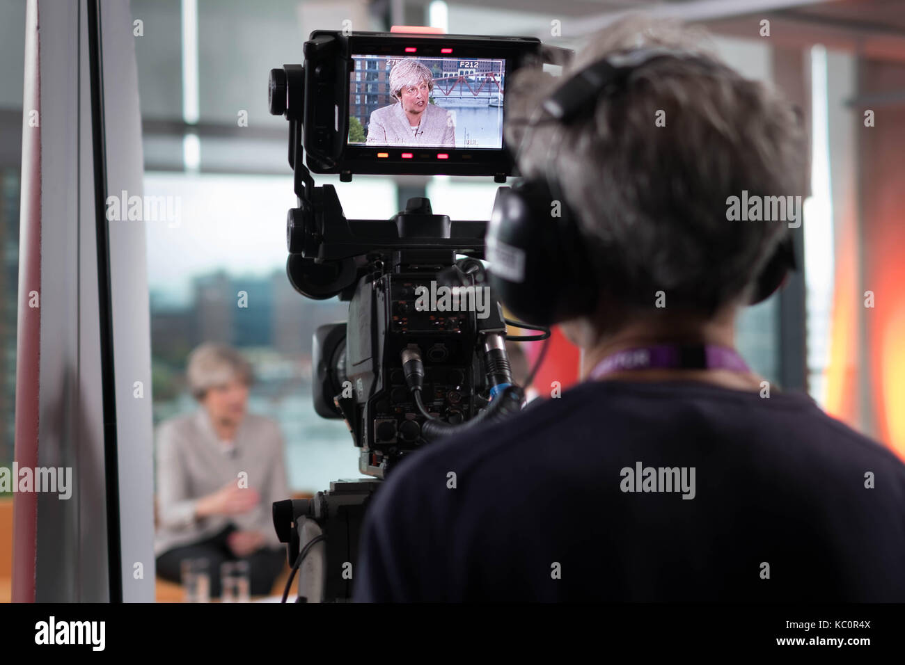 Premier ministre Theresa peut apparaître sur la bbc one à l'actualité, l'Andrew Marr show à media city à Salford à venir du congrès du parti conservateur. Banque D'Images