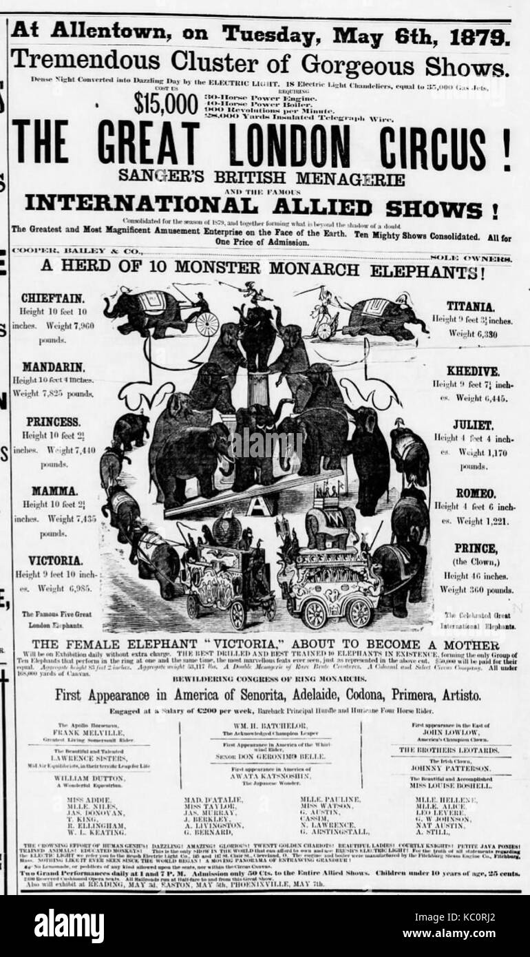 Une publicité de journal de 1879 faisant la promotion du Great London Circus, un événement de divertissement important dans Londres du XIXe siècle, mettant en vedette des spectacles et des attractions de cirque. Banque D'Images