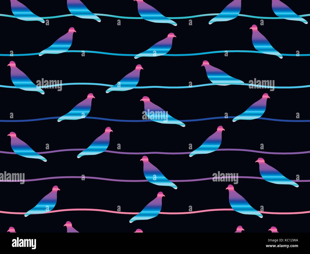 Modèle transparent avec des colombes sur les fils. Neon oiseaux dans le style des années 80 - 90. Vector illustration Illustration de Vecteur