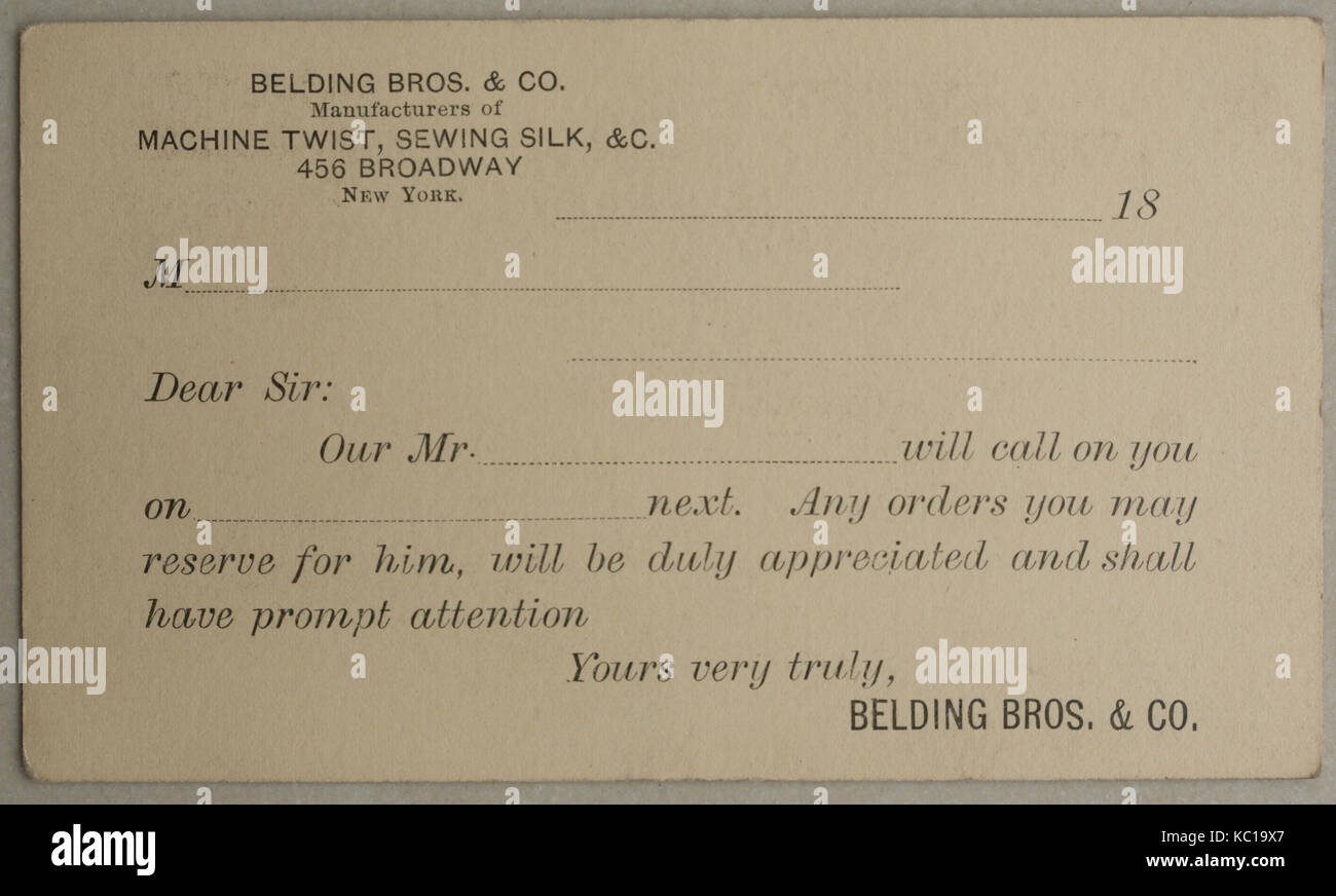 Late19th Century Belding Brothers & Co, carte postale monochrome, fabricants de tortures machine et de soie à coudre, 456 Broadway, New York City, New York, Etats-Unis Banque D'Images