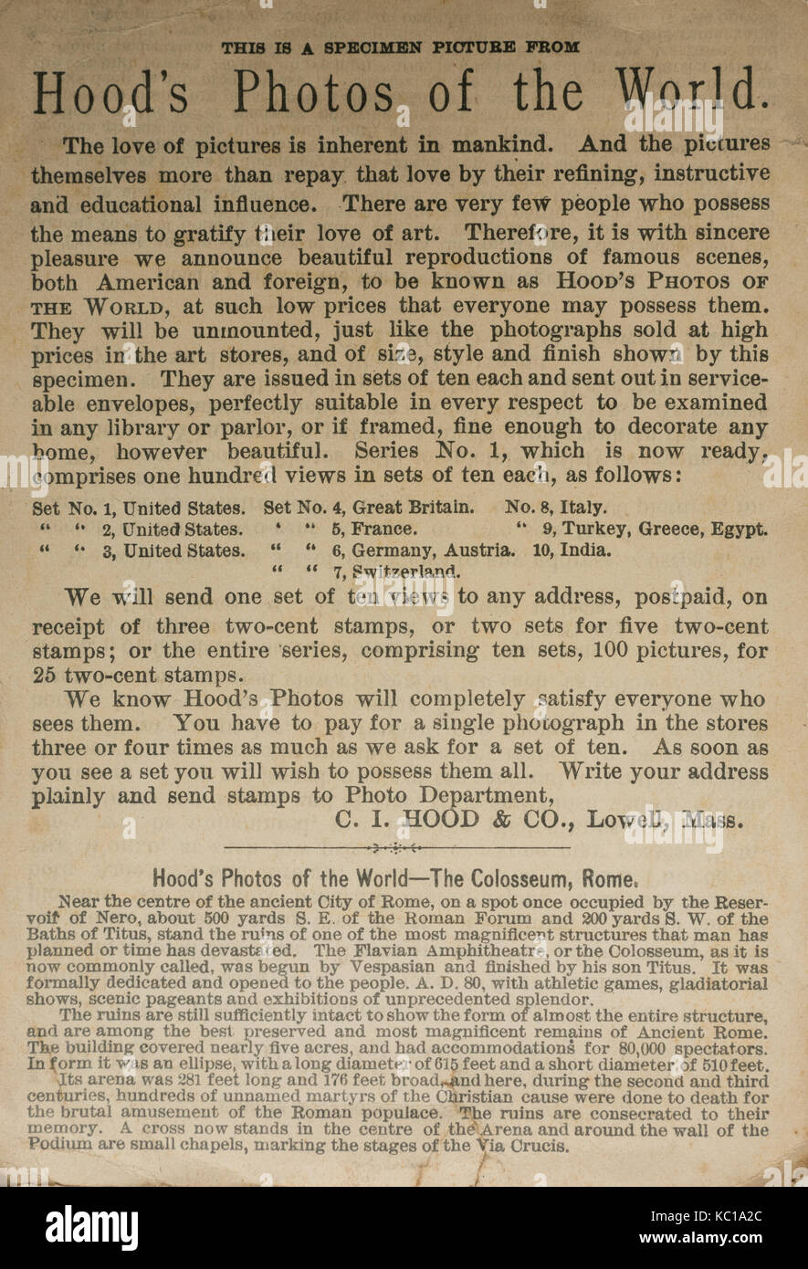 Carte publicitaire américaine de la fin du XIXe siècle, Hood's photos of the World montrant le dos d'un spécimen de la Colloseum à Rome, en italie, avec des informations sur la photographie Banque D'Images