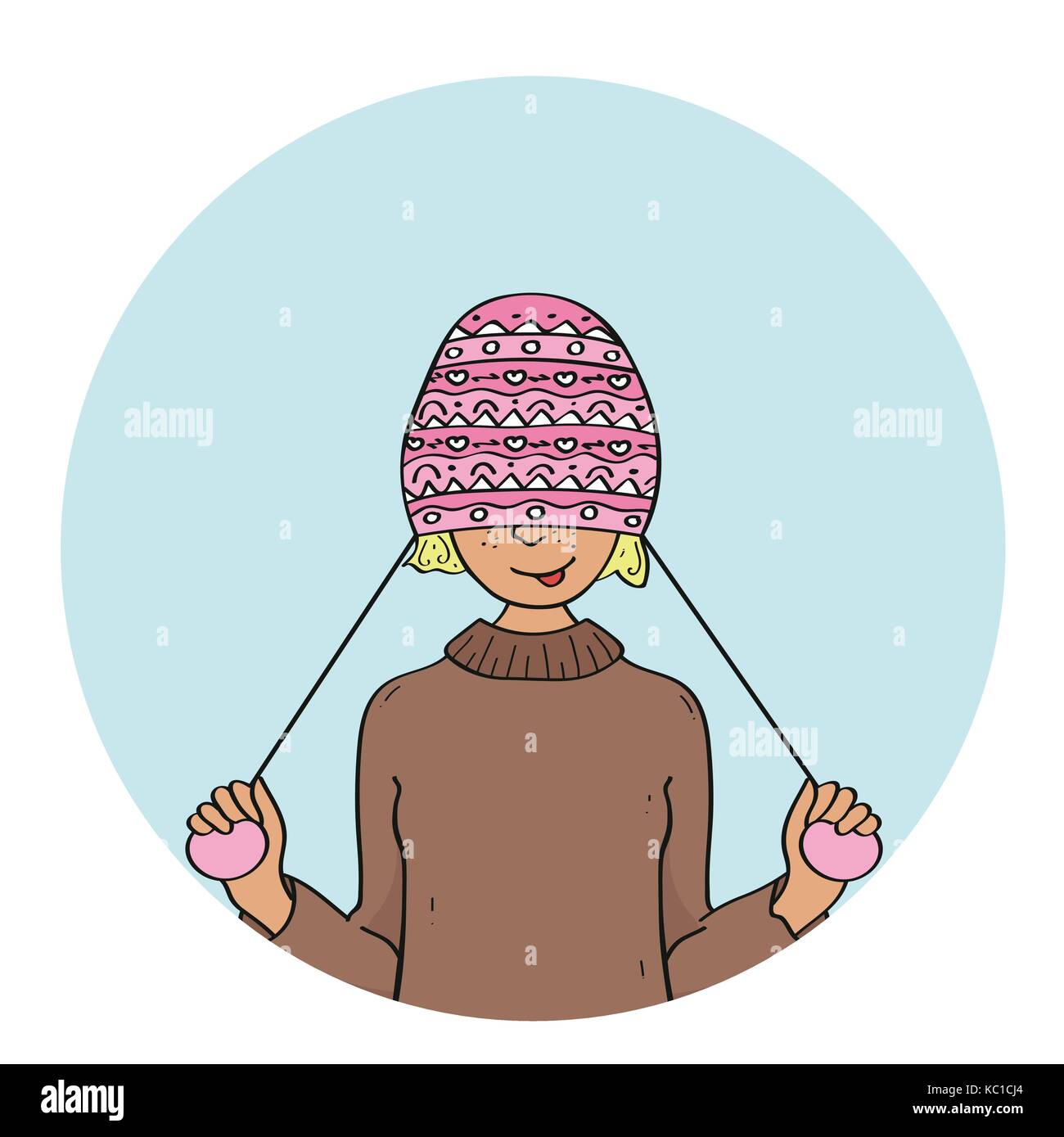 Portrait of young pretty funny smiling girl par temps froid habillé en pull et chapeau chaud. Illustration de Vecteur