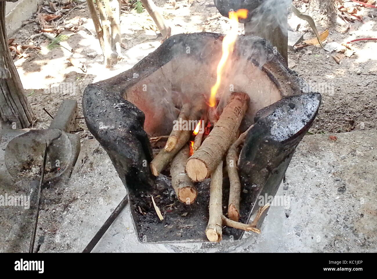 Bois de chauffage poêle du charbon en feu. pour la cuisson et l'hiver. Banque D'Images