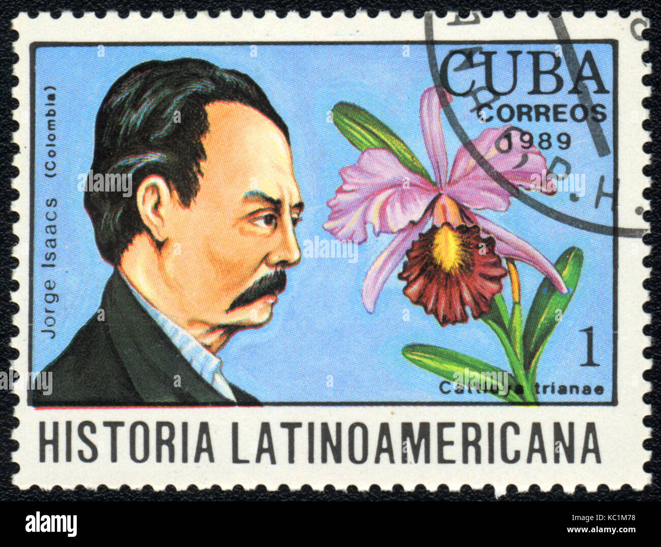 Un timbre-poste imprimé en Cuba montre un Cattleya trianae et Jorge Isaacs, collection "historia latinoamericana", vers 1989 Banque D'Images