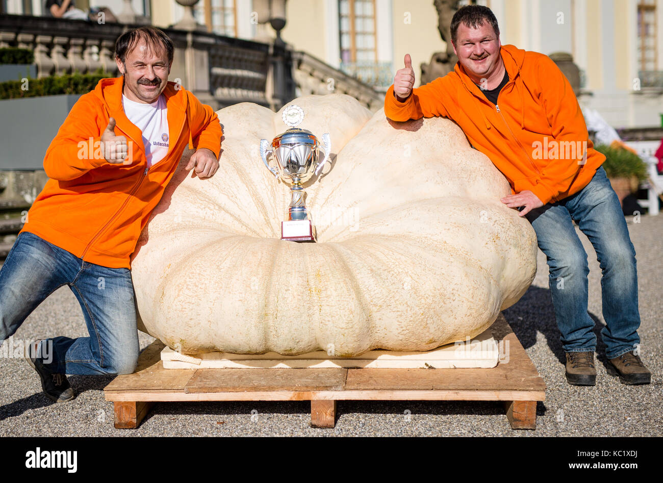 Ludwigsburg, Allemagne. 1er octobre 2017. Norbert Mitschke et Robert Jaser, le gagnant du concours annuel allemand de potiron, se posent après avoir remporté le premier prix de l'édition 2017 dans la ville de Ludwigsburg. La citrouille gagnante a fait pencher la balance de 792.5 kilogrammes. Credit: Christoph Schmidt/dpa/Alay Live News Banque D'Images