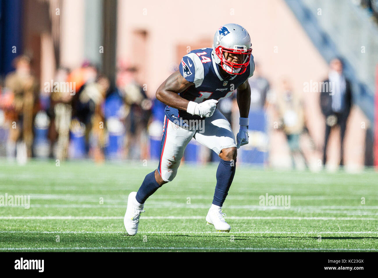 Stade Gillette. 1 octobre, 2017. MA, USA ; New England Patriots wide receiver Brandin cuisiniers (14) en action au cours de la seconde moitié d'un match de la NFL entre les Panthers et les New England Patriots au Stade Gillette. Carolina défait New England 33-30. Anthony Nesmith/CSM/Alamy Live News Banque D'Images