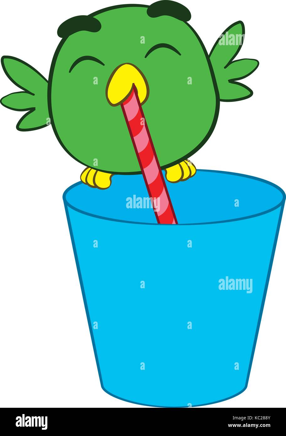 Adorable petit oiseau de dessin animé vert buvant à travers une paille à partir d'un verre ou d'un mug en plastique bleu coloré tout en étant équilibré sur le bord, illustration vectorielle Illustration de Vecteur