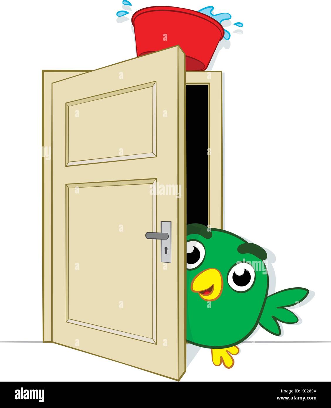 Piqueuse jouant sur un joli petit oiseau de bande dessinée piquant prudemment autour du bord d'une porte ouverte sur laquelle équilibre un bassin d'eau Illustration de Vecteur