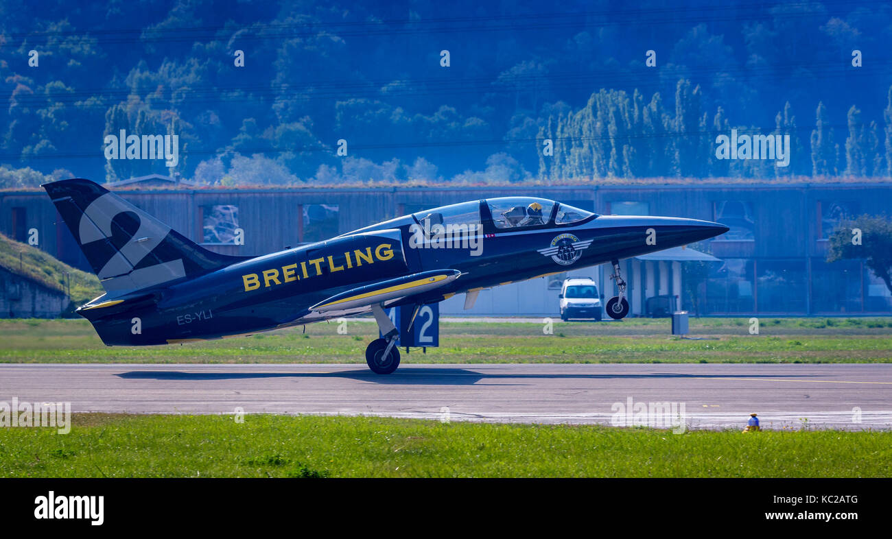 Breitling Jet Team, L 39 Albatros pendant le décollage, Sion Airshow, Sion, Valais, Suisse Banque D'Images