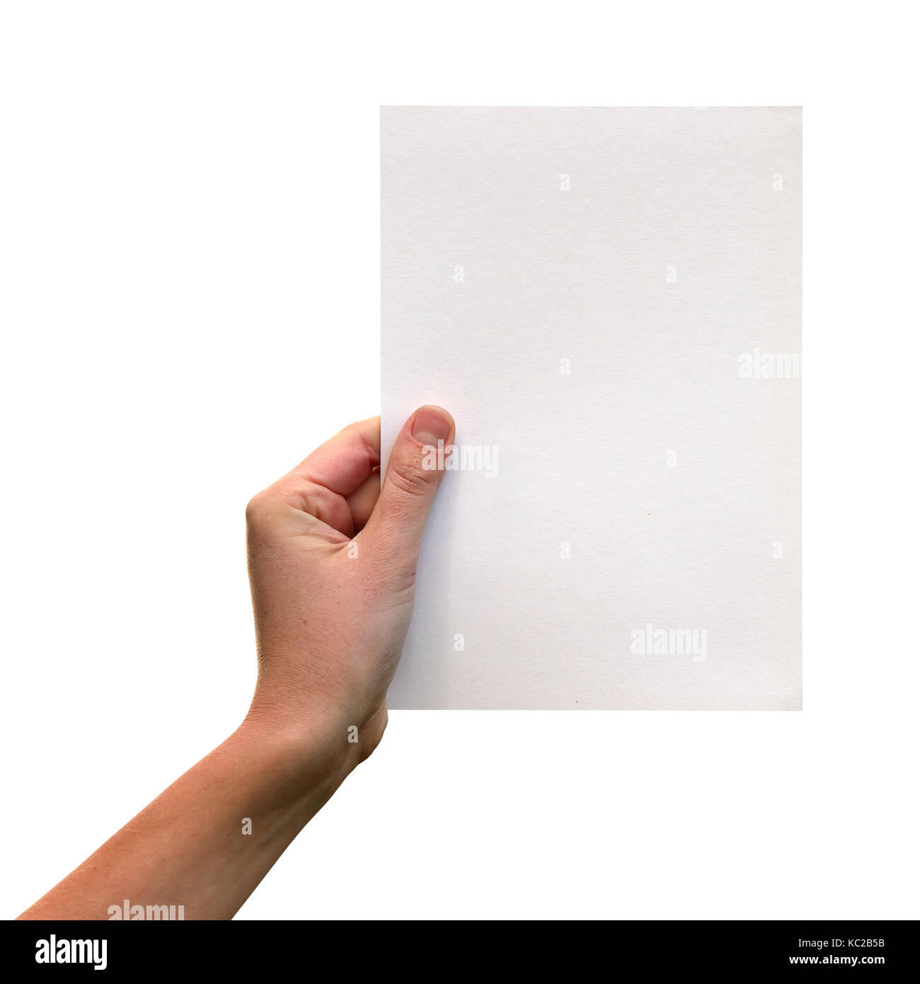 Femme hand holding blank paper isolated on white Banque D'Images