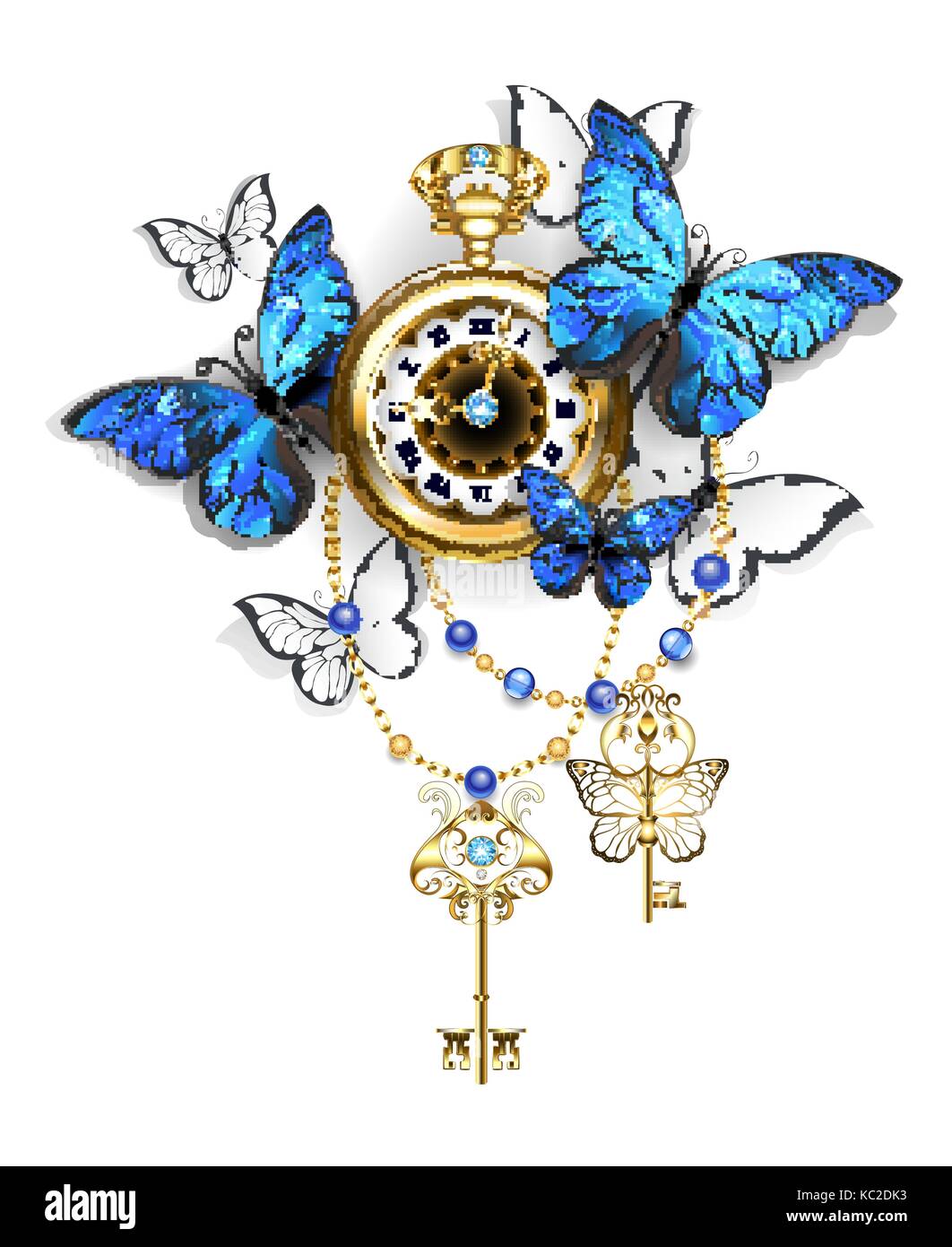 Montre en or antique bleu et blanc avec des papillons morpho et clefs d'or sur un fond blanc. conception avec papillons bleu morpho. Illustration de Vecteur