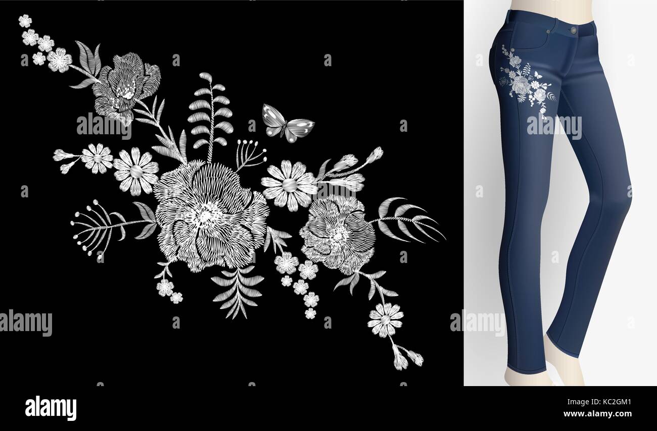 Patch brodé blanc fleur rose daisy pavot herbes. femmes paire de jeans slim floral décoration ornement imprimer broderie. la mode vintage trendy desig Illustration de Vecteur