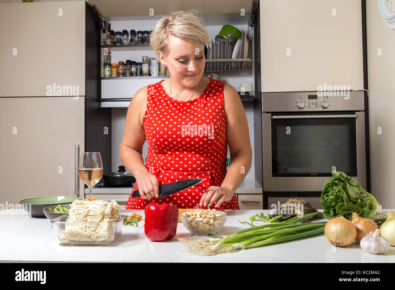 Manger tout en salade tortue jeune fille regarde et coupe carotte Banque D'Images