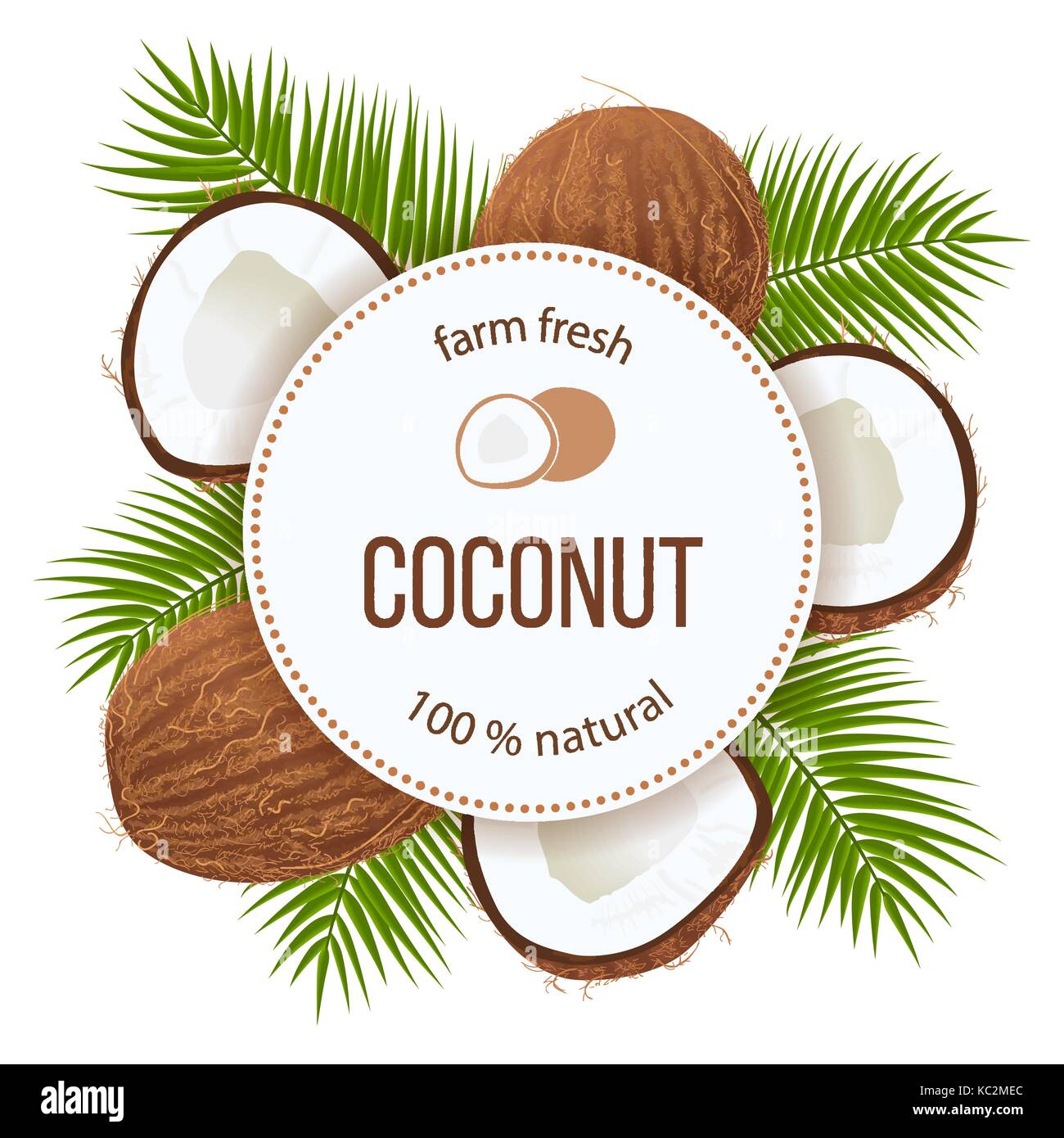 Feuilles de palme et de coco mûre cercle autour d'un insigne avec texte farm fresh 100 % natural Illustration de Vecteur