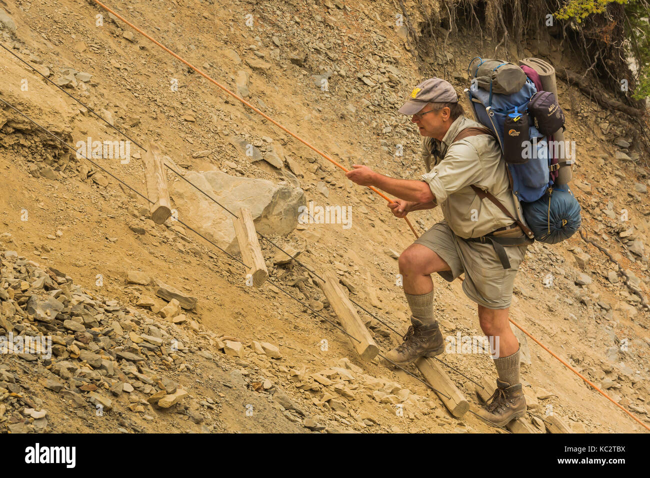 Backpacker Lee ordre croissant une longue échelle de corde raide, le long du mur d'un affouillement Camp prés près de glacier sur le sentier de la rivière Hoh dans Olympic National Pa Banque D'Images