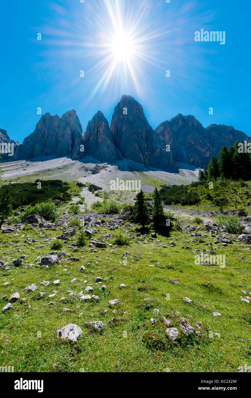 Funes vallée, dolomites, Tyrol du sud, la province de Bolzano, Italie, Europe. pics des odle dans une journée d'été. Banque D'Images