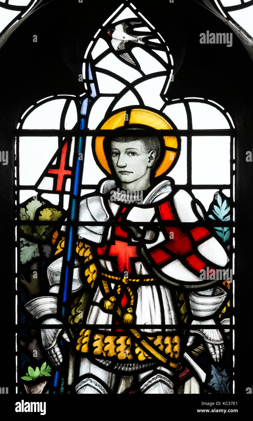 Saint George vitrail, Église de Saint-barthélemy, Verts Norton, Northamptonshire, England, UK Banque D'Images