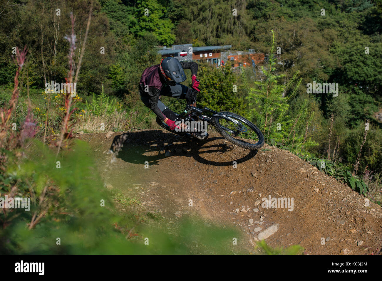 Un vélo de montagne monte un sentier au Bikepark de galles près de Merthyr Tydfil. Banque D'Images
