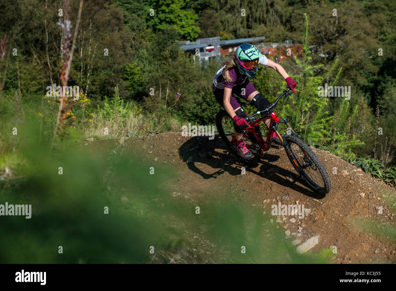 Un vélo de montagne femelle monte un sentier au Bikepark de galles près de Merthyr Tydfil. Banque D'Images