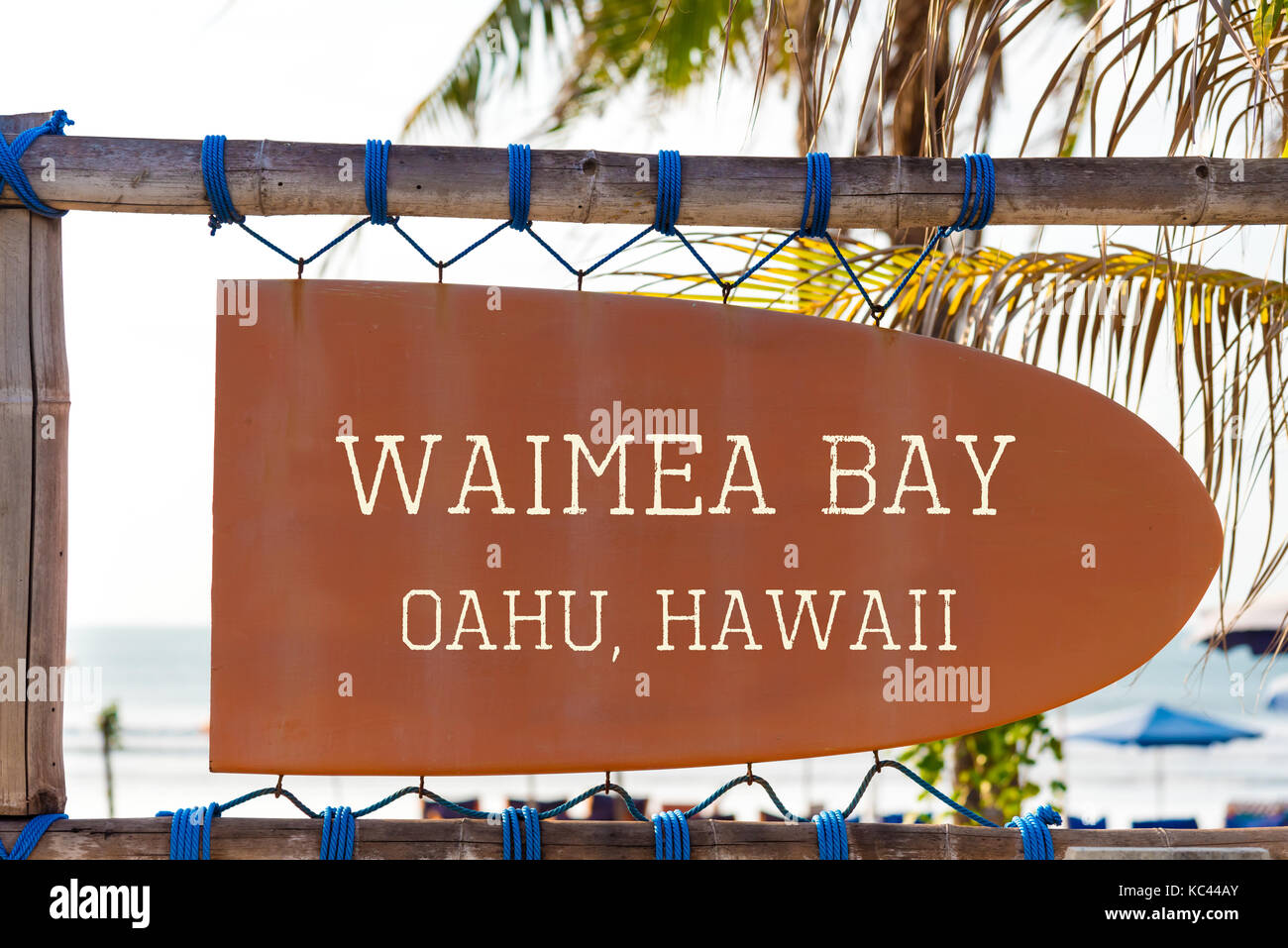 Pancarte vintage orange en forme de surf avec Waimea Bay, Oahu, Hawaii surf spot pour texte et palmier en arrière-plan. Locations et voyage d'hiver Banque D'Images