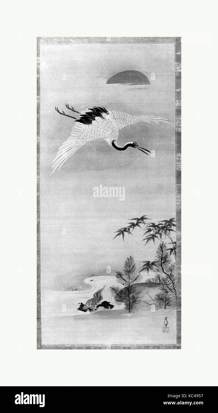 Grue, tortue, le pin et le Bambou sous un soleil levant, Kano Chikanobu, 17e-18e siècle Banque D'Images