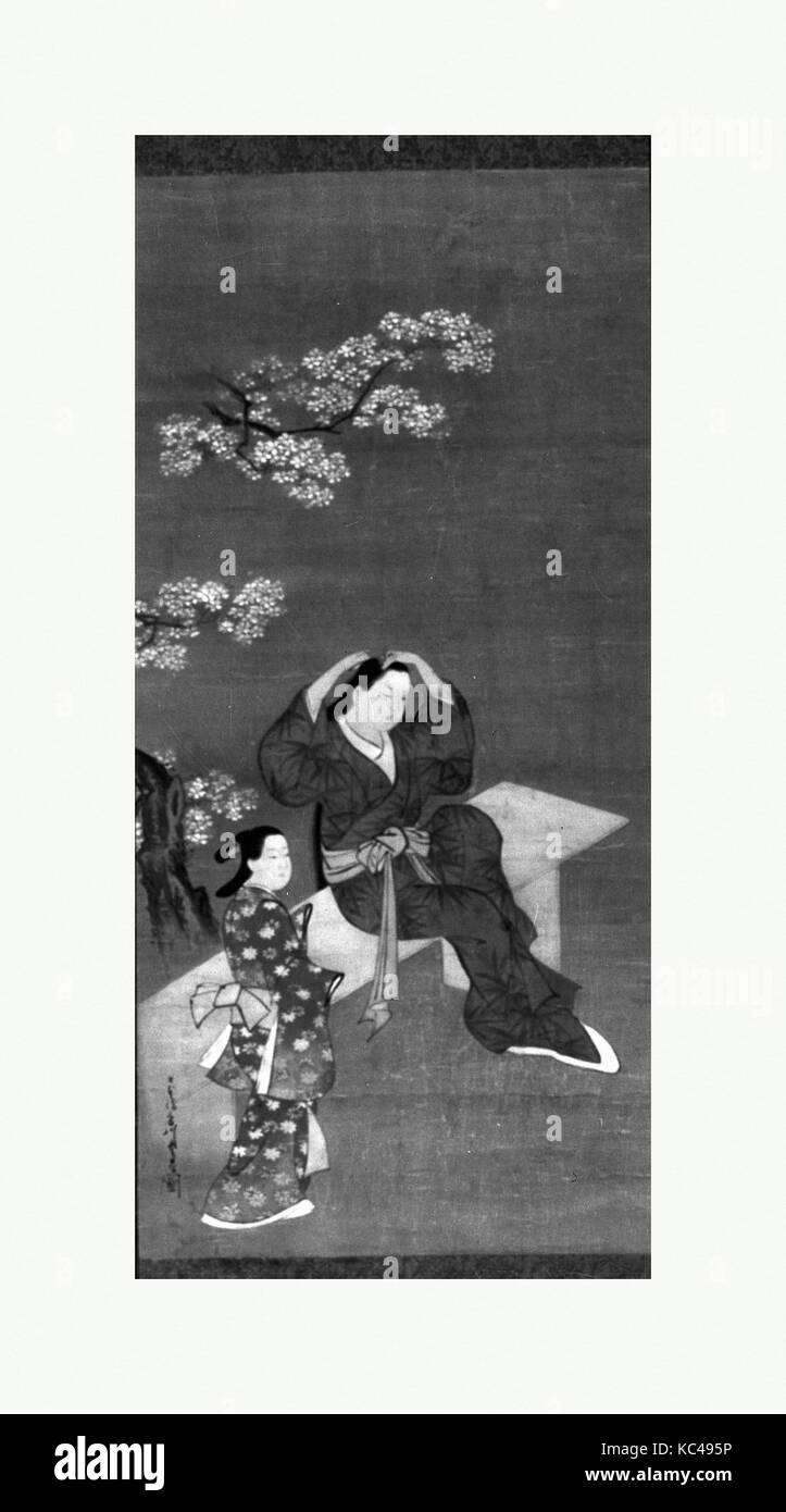 Liaison femme ses cheveux et Accompagnateur en vertu Flowering Cherry Tree, dans le style de Miyagawa Chōshun, 18e siècle Banque D'Images